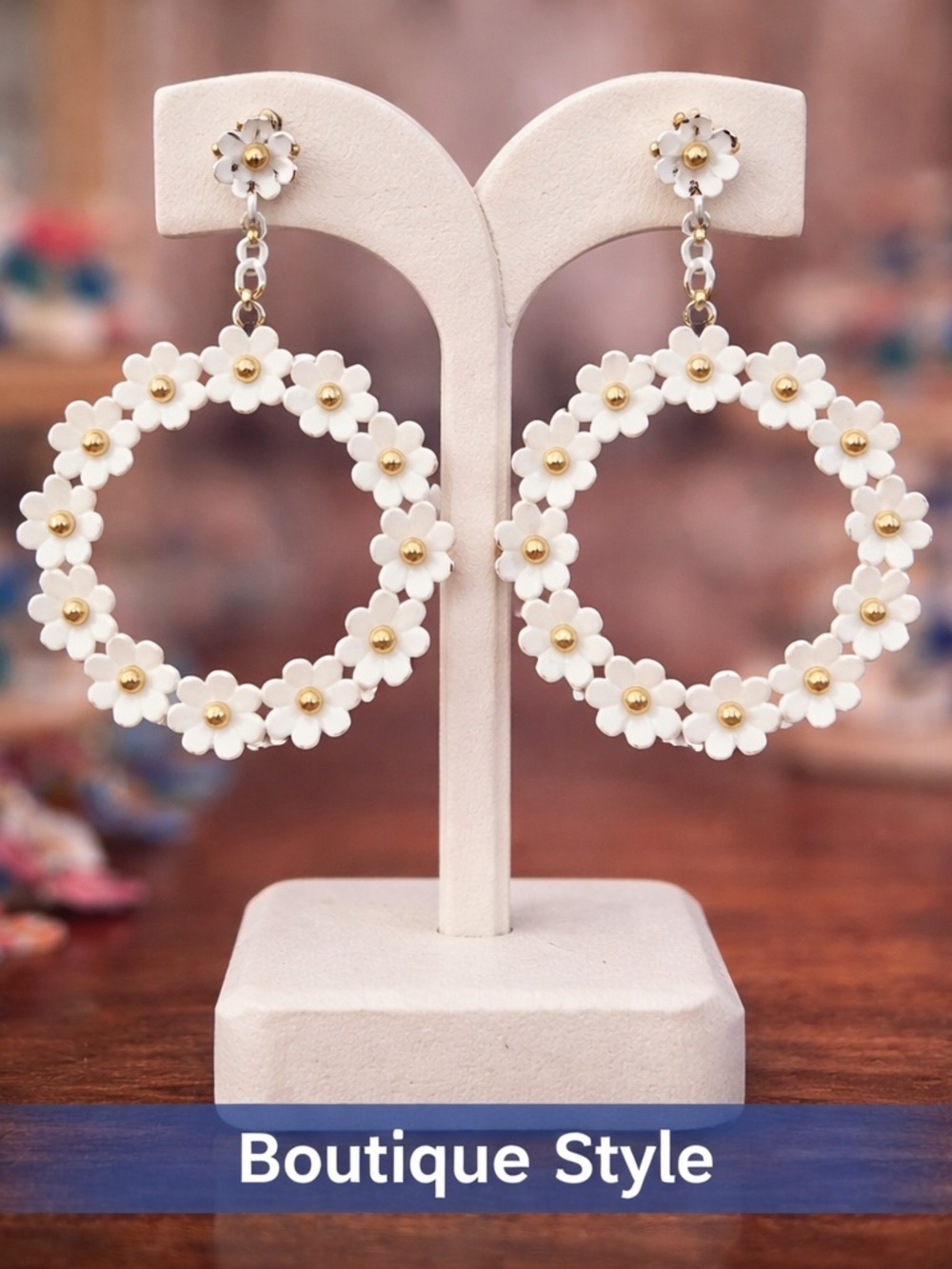 Paparazzi White Daisy Hoop Earrings Gold Center 1.5”